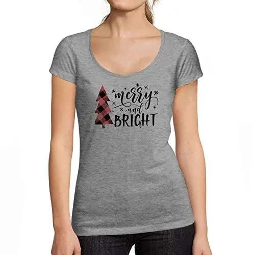 Ultrabasic - Femme Graphique Merry And Bright Christmas T-Shirt Action De Grâces Xmas Cadeau Idées Tee Gris Chiné 1