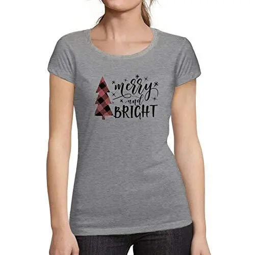 Ultrabasic - Femme Graphique Merry And Bright Christmas T-Shirt Action De Grâces Xmas Cadeau Idées Tee Gris Chiné 1
