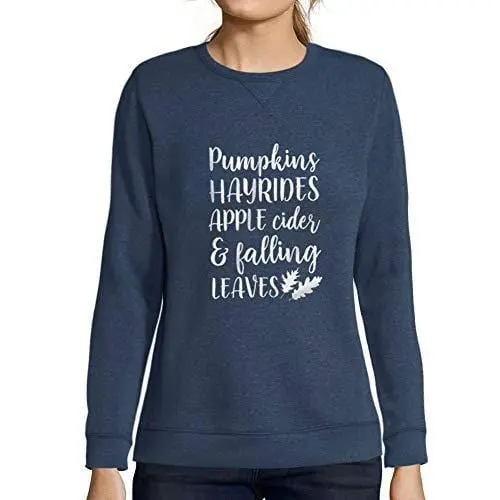 Ultrabasic - Femme Imprimé Graphique Sweat-Shirt Pumpkins Hayrides Apple Cider And Falling Leaves Denim 1