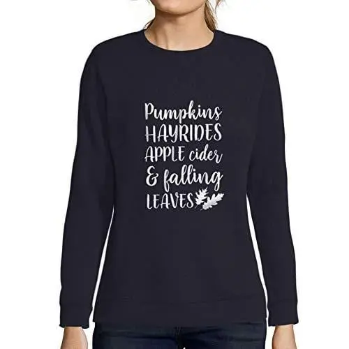 Ultrabasic - Femme Imprimé Graphique Sweat-Shirt Pumpkins Hayrides Apple Cider And Falling Leaves French Marine 1