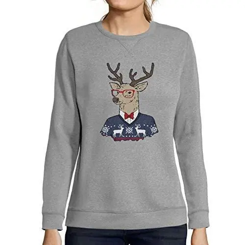 Ultrabasic - Graphique Femme Cerf Noël Cadeau Imprimé Manche Longue Tee-Shirt Gris Chiné 1