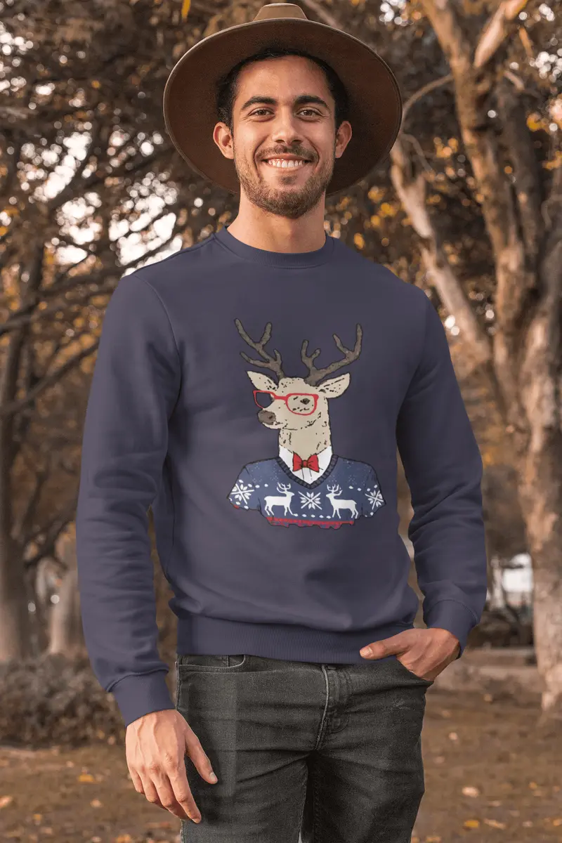 Ultrabasic - Graphique Homme Cerf Noël Cadeau Imprimé Manche Longue Tee-Shirt French Navy 1