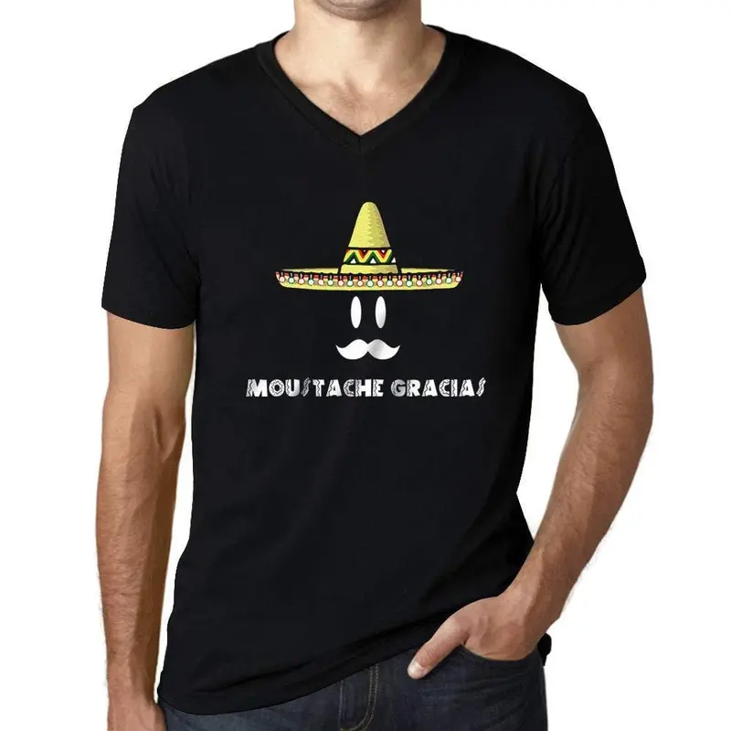 Ultrabasic - Homme Graphique Col V Tee Shirt Moustache Gracias Impreso Letras Noir Profond 1