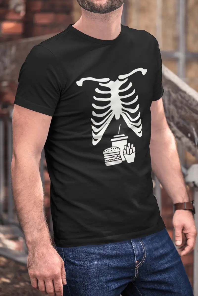 Ultrabasic - Homme Graphique Col V Tee Shirt Squelette Malbouffe Ventre X Ray Tee Shirt Cadeau De Halloween Noir Profond 1
