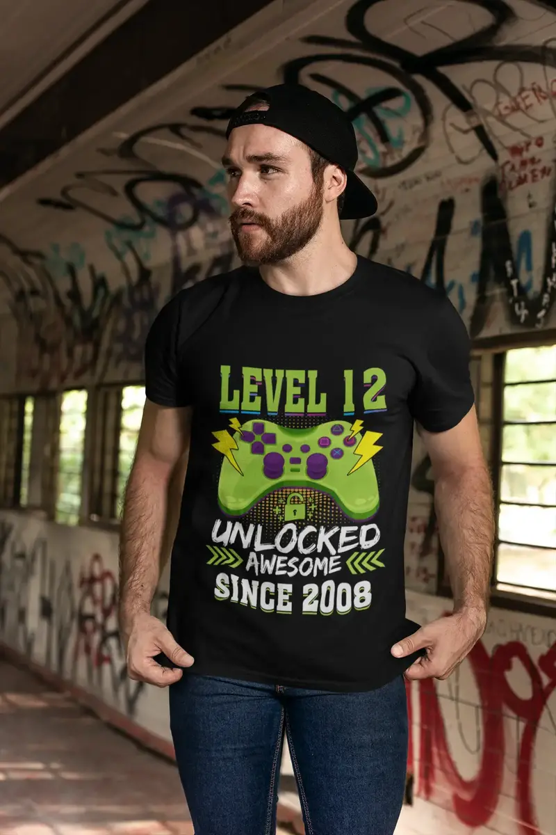 Ultrabasic Men's Gaming T-Shirt Level 12 Unlocked - Awesome Since 2008 - 12Th Birthday Gift 1