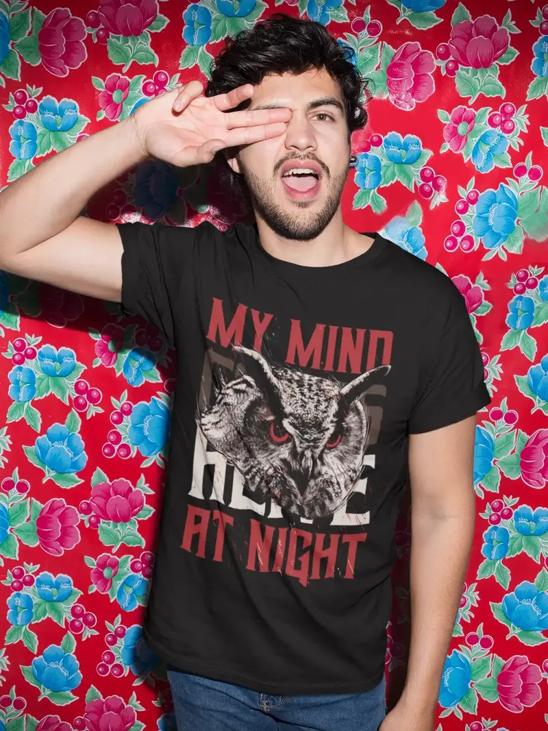 Ultrabasic Men's Graphic T-Shirt My Mind Goes Here At Night - Owl Shirt For Men 1