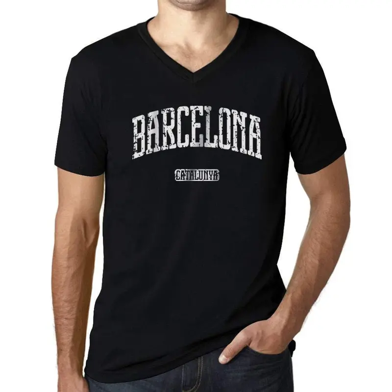 Ultrabasic - Men's Graphic V-Neck T-Shirt Barcelona Catalunya Impreso Letras Deep Black 1