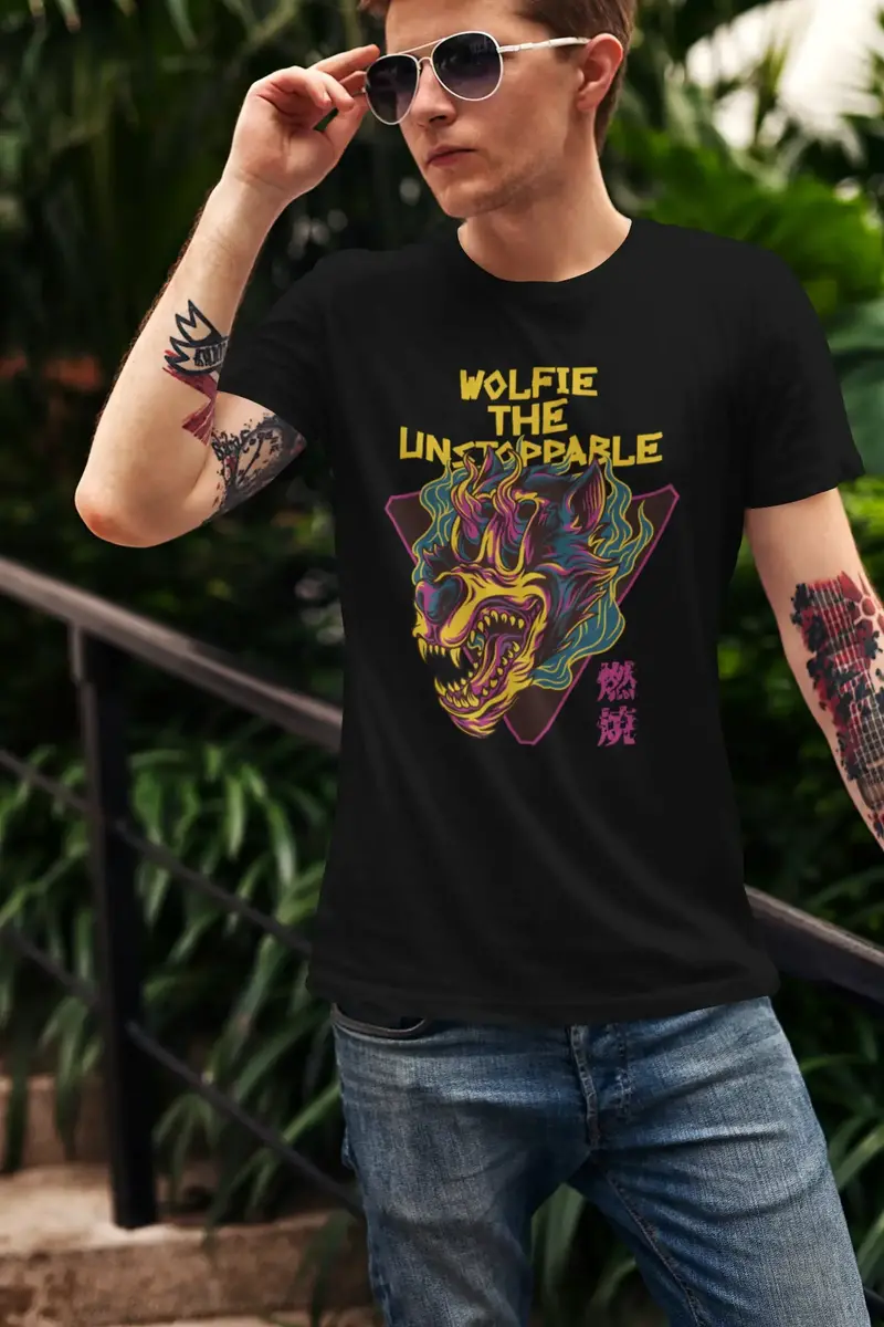 Ultrabasic Men's Novelty T-Shirt Wolfie The Unstoppable - Scary Animal Short Sleeve Tee Shirt 1