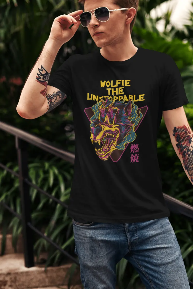 Ultrabasic Men's Novelty T-Shirt Wolfie The Unstoppable - Scary Animal Short Sleeve Tee Shirt 2
