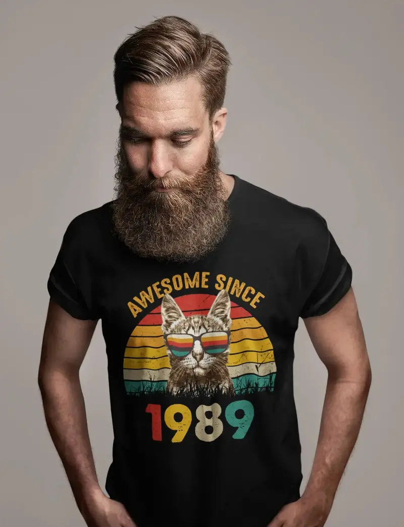 Ultrabasic Men's T-Shirt Awesome Since 1989 32 Years Old - Funny Retro Cat - 32Nd Birthday Gift Tee Shirt 1