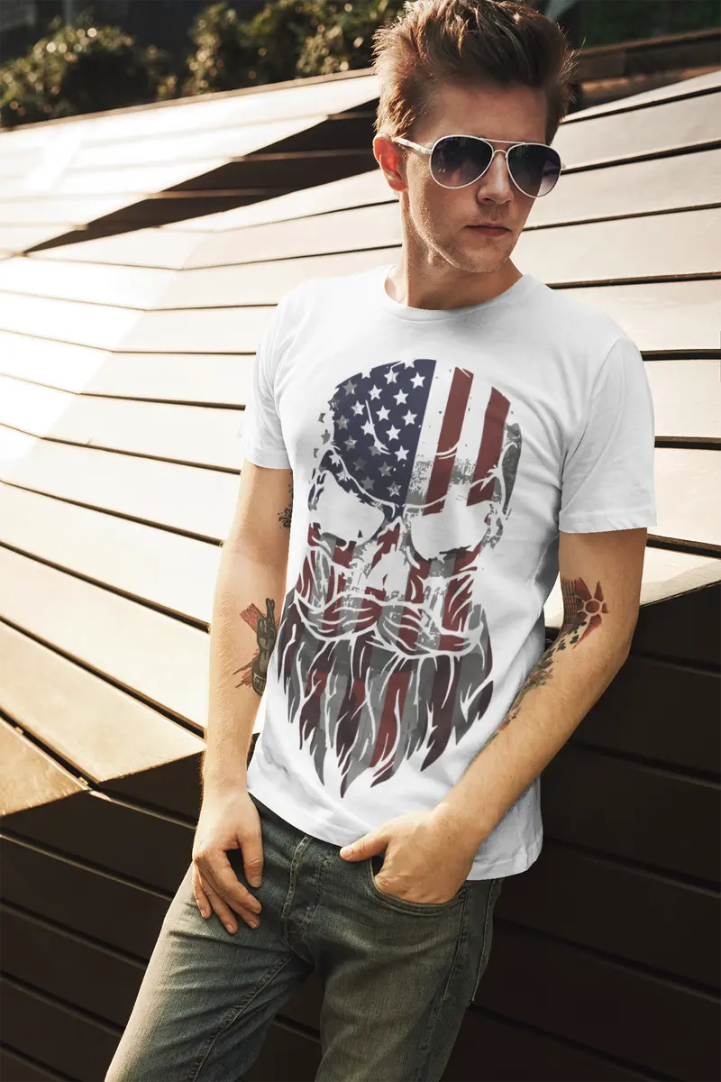 Ultrabasic Men's T-Shirt - Bearded Skull - Us American Flag Patriotic Shirt 1