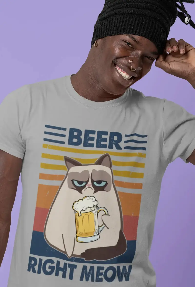 Ultrabasic Men's T-Shirt Beer Right Meow - Retro Sunset Cat Kitten Tee Shirt 1
