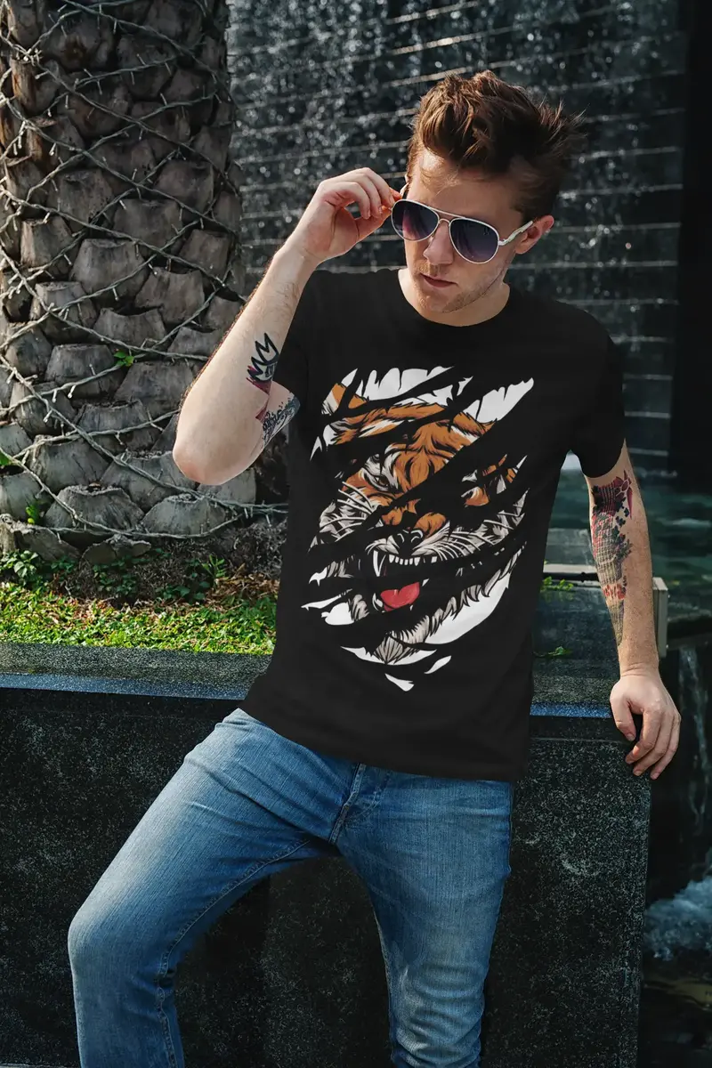 Ultrabasic Men's Torn T-Shirt Angry Tiger Face - Short Sleeve Shirt For Men 1