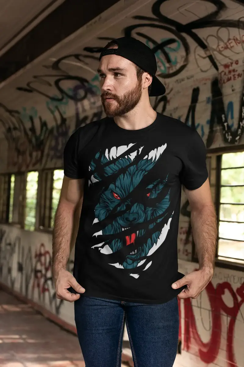Ultrabasic Men's Torn T-Shirt Angry Wolf - Red Eyes - Short Sleeve Shirt 1