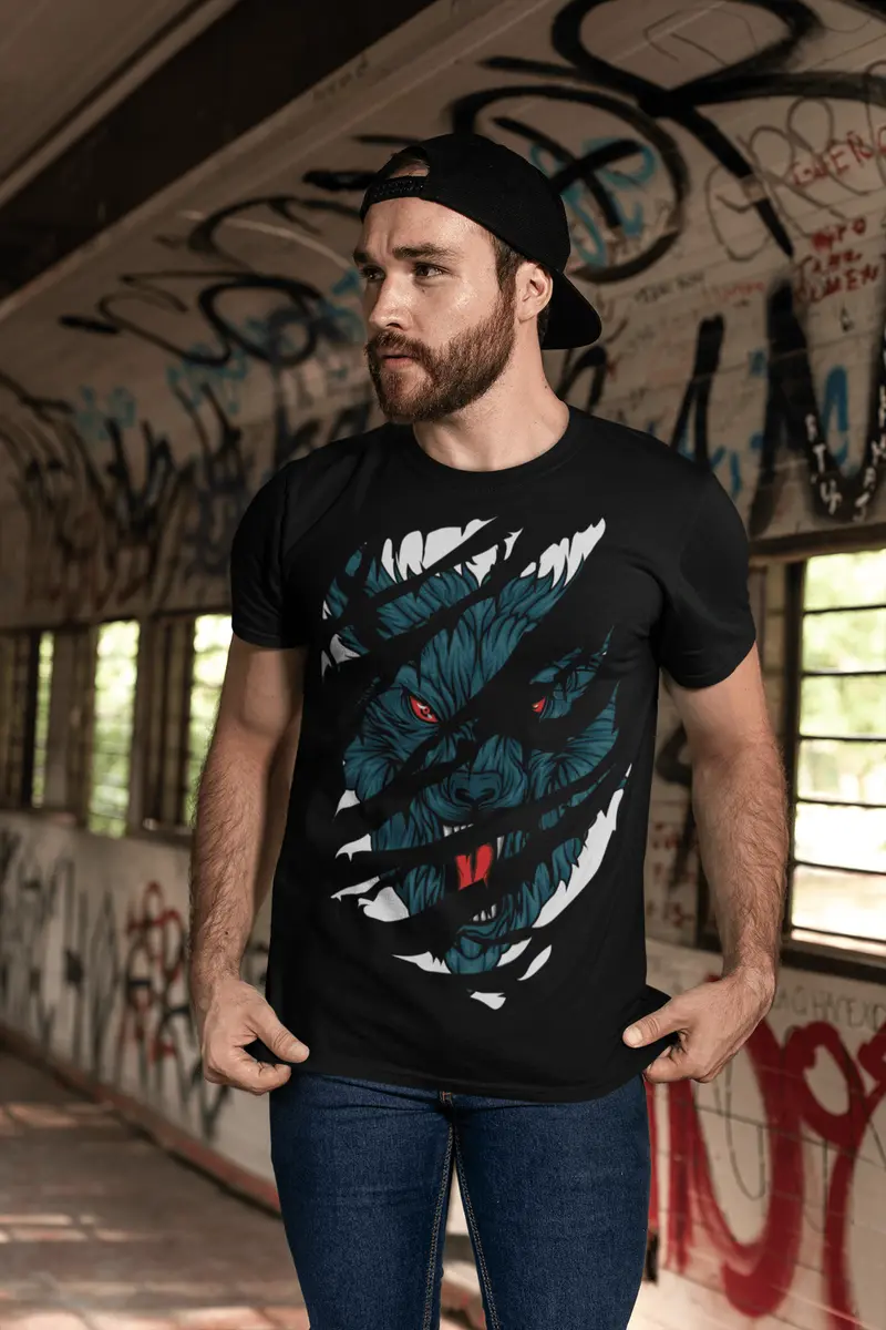Ultrabasic Men's Torn T-Shirt Angry Wolf - Red Eyes - Short Sleeve Shirt 2