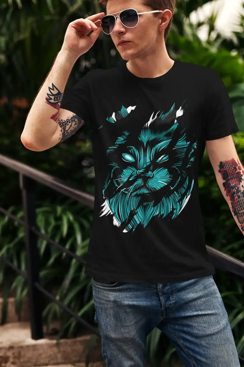 Ultrabasic Men's Torn T-Shirt Scary Cat - Animal Lovers - Shirt For Men 1