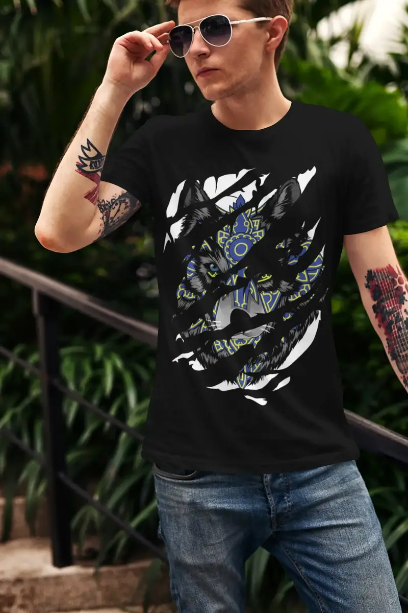 Ultrabasic Men's Torn T-Shirt Warrior Wolf - Mountain Animal Shirt For Men 1