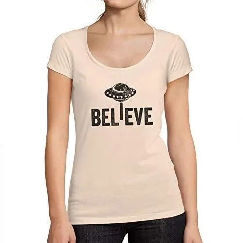 Ultrabasic - Tee-Shirt Femme Col Rond Décolleté Believe Ufo Alien Rose Crémeux 1