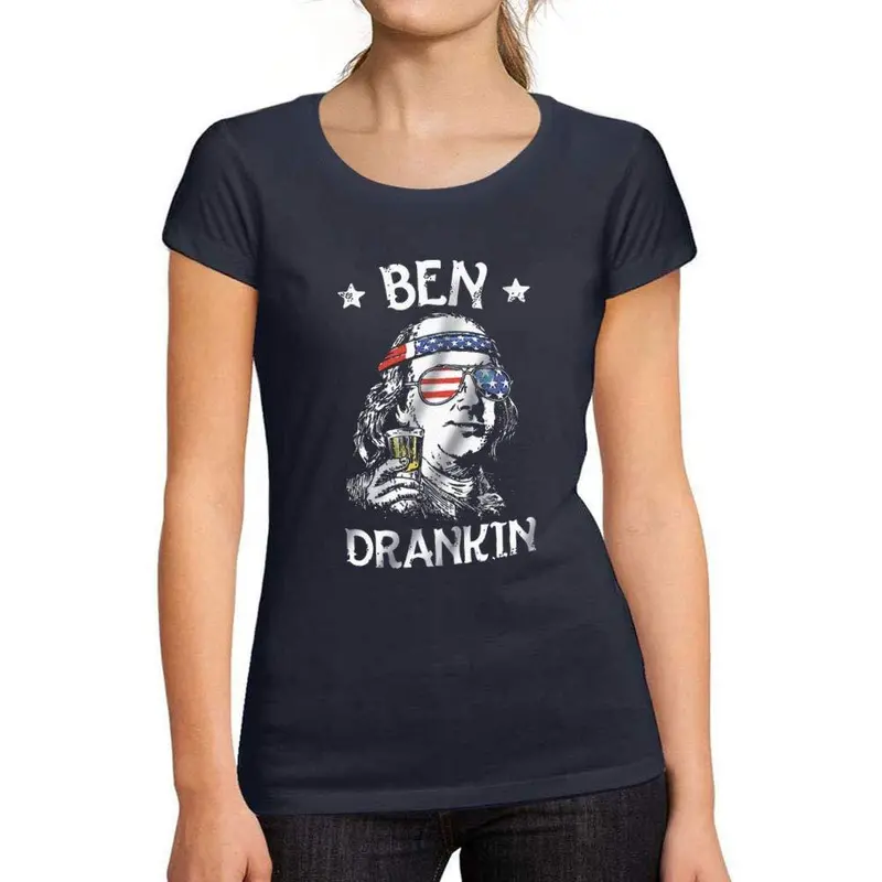 Ultrabasic -Tee-Shirt Femme Col Rond Décolleté Ben Drankin Beer On 4Th July French Marine 1