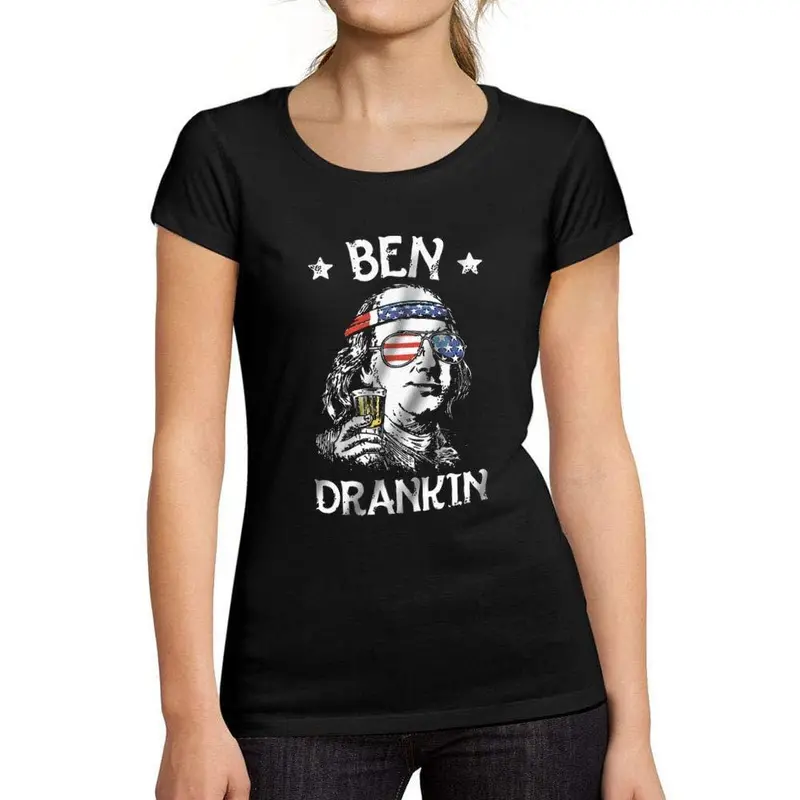 Ultrabasic -Tee-Shirt Femme Col Rond Décolleté Ben Drankin Beer On 4Th July Noir Profond 1