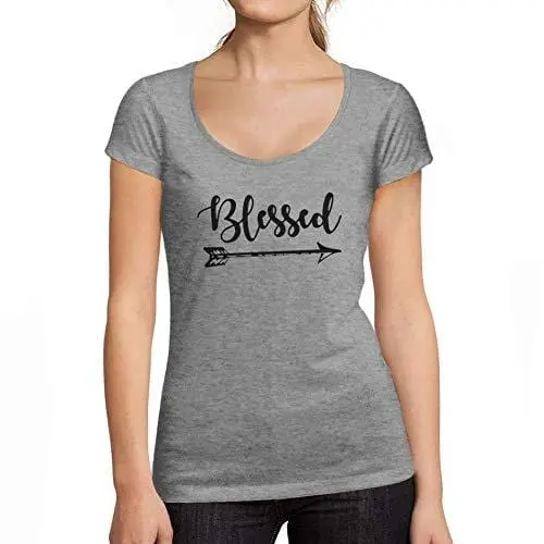 Ultrabasic - Tee-Shirt Femme Col Rond Décolleté Blessed Tee Imprimé Lettre Gris Chiné 1
