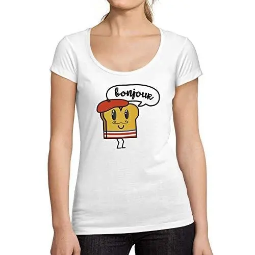Ultrabasic - Tee-Shirt Femme Col Rond Décolleté Bonjou Blanc 1