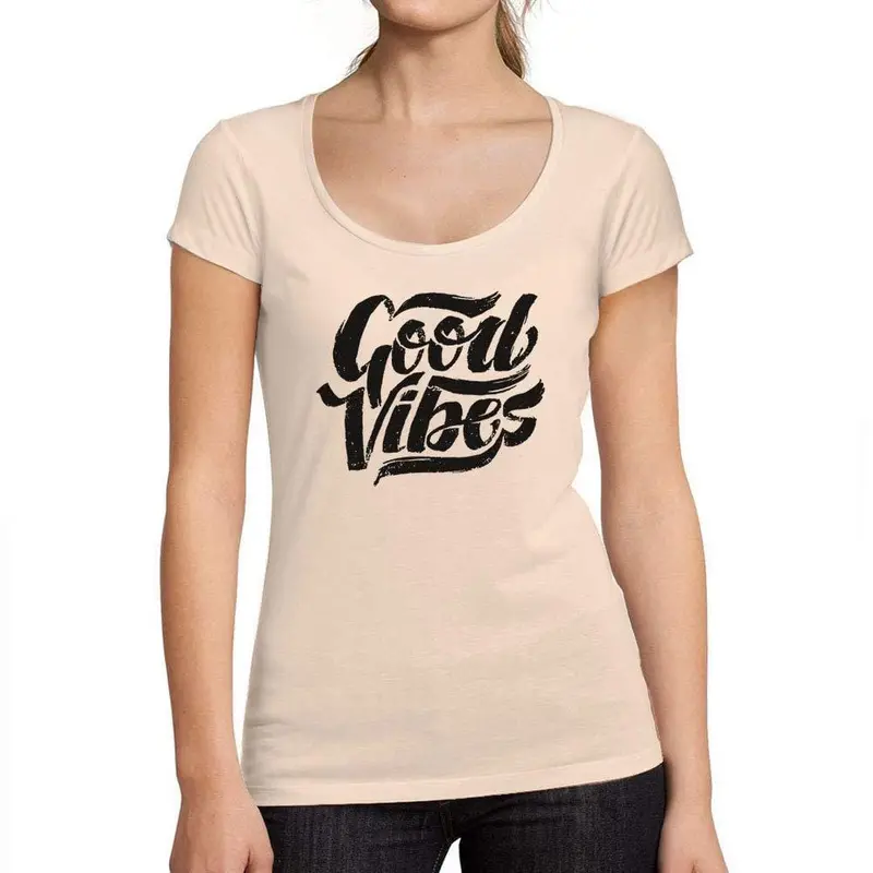 Ultrabasic - Tee-Shirt Femme Col Rond Décolleté Bonnes Vibrations Imprimé Lettres Rose Crémeux 1
