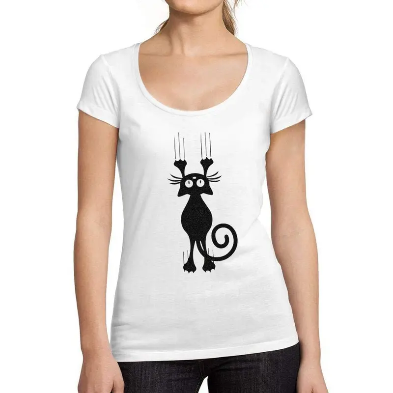 Ultrabasic - Tee-Shirt Femme Col Rond Décolleté Chat Marrant Blanc 1
