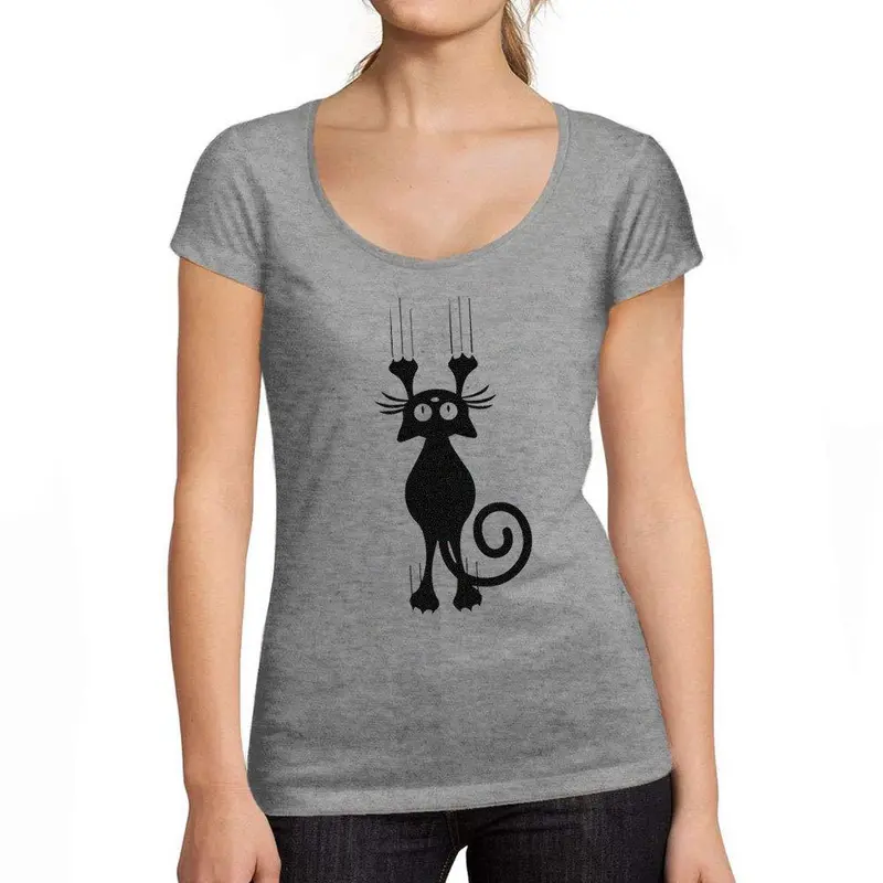 Ultrabasic - Tee-Shirt Femme Col Rond Décolleté Chat Marrant Gris Chiné 1