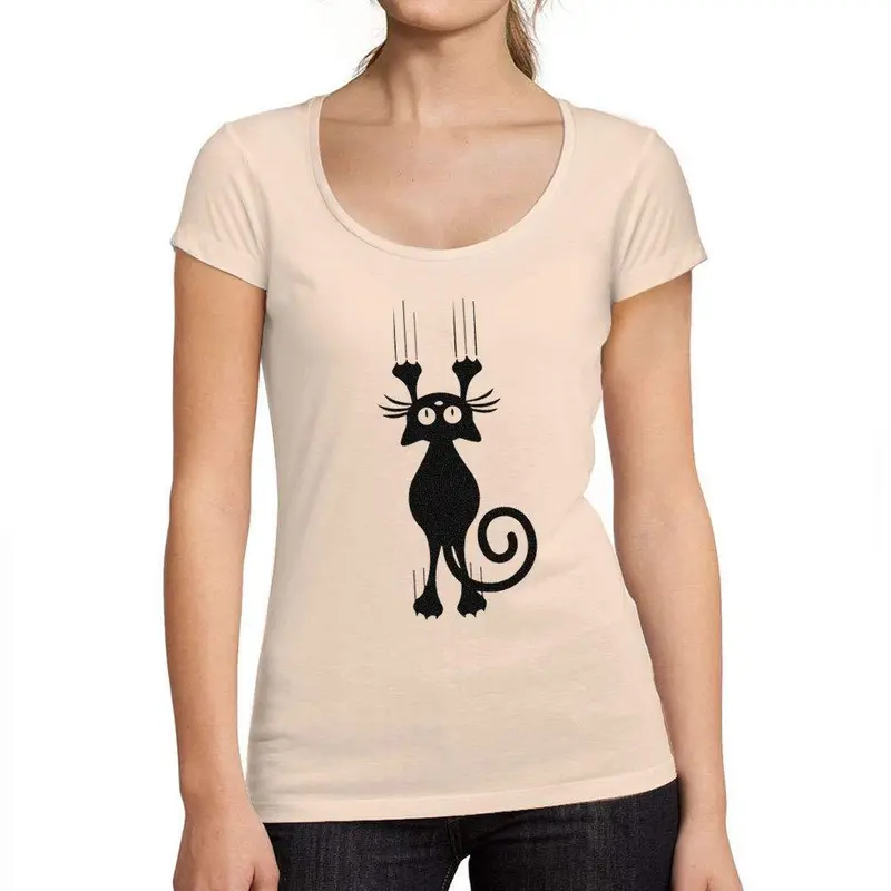 Ultrabasic - Tee-Shirt Femme Col Rond Décolleté Chat Marrant Rose Crémeux 1