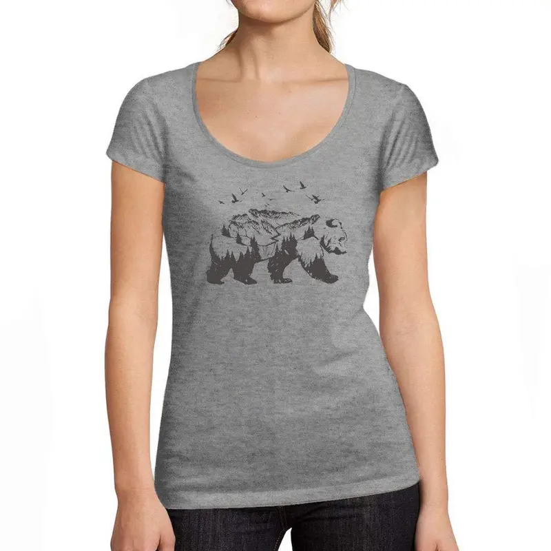 Ultrabasic - Tee-Shirt Femme Col Rond Décolleté Double Exposure Bear Gris Chiné 1