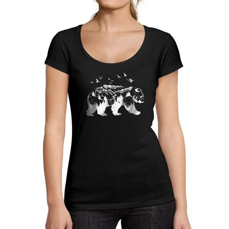 Ultrabasic - Tee-Shirt Femme Col Rond Décolleté Double Exposure Bear Noir Profond 1
