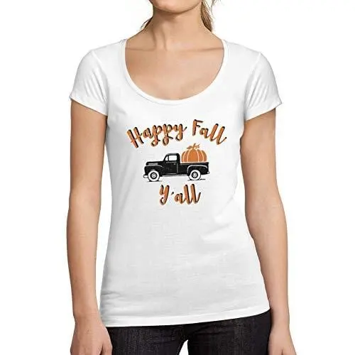 Ultrabasic - Tee-Shirt Femme Col Rond Décolleté Happy Fall Y'all Pumpkin Truck Blanc 1