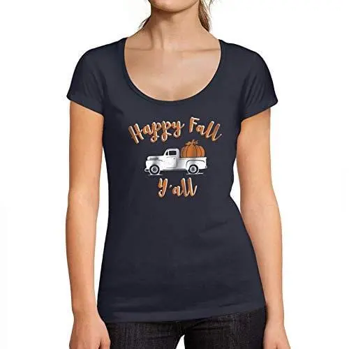 Ultrabasic - Tee-Shirt Femme Col Rond Décolleté Happy Fall Y'all Pumpkin Truck French Marine 1