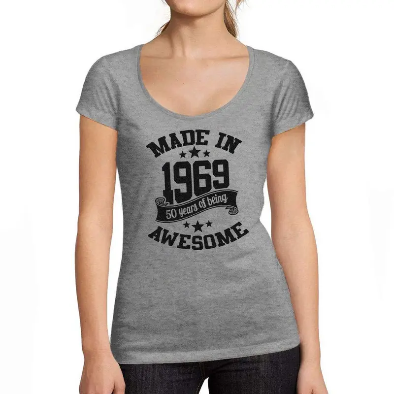 Ultrabasic - Tee-Shirt Femme Col Rond Décolleté Made In 1969 50Th Birthday Gris Chiné 1