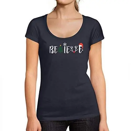 Ultrabasic - Tee-Shirt Femme Col Rond Décolleté Noël Croyez Arbre T-Shirt Idées Cadeaux De Noël French Marine 1