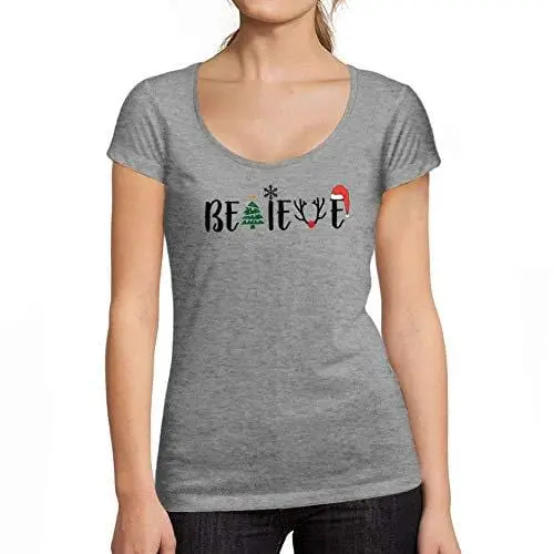 Ultrabasic - Tee-Shirt Femme Col Rond Décolleté Noël Croyez Arbre T-Shirt Idées Cadeaux De Noël Gris Chiné 1