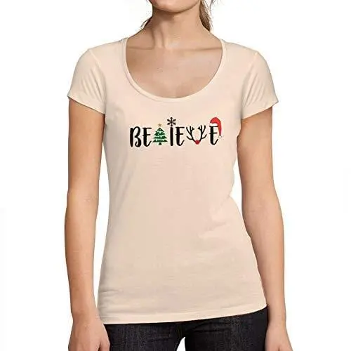 Ultrabasic - Tee-Shirt Femme Col Rond Décolleté Noël Croyez Arbre T-Shirt Idées Cadeaux De Noël Rose Crémeux 1