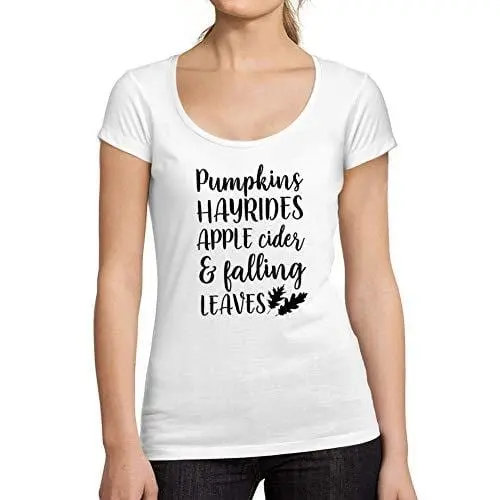 Ultrabasic - Tee-Shirt Femme Col Rond Décolleté Pumpkins Hayrides Apple Cider And Falling Leaves Blanc 1