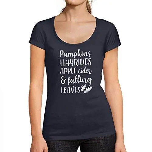 Ultrabasic - Tee-Shirt Femme Col Rond Décolleté Pumpkins Hayrides Apple Cider And Falling Leaves French Marine 1