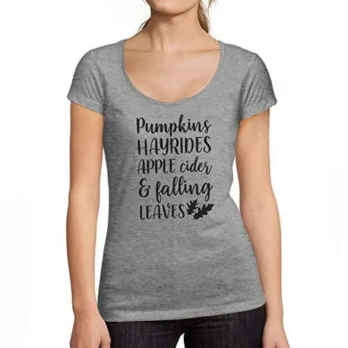 Ultrabasic - Tee-Shirt Femme Col Rond Décolleté Pumpkins Hayrides Apple Cider And Falling Leaves Gris Chiné 1
