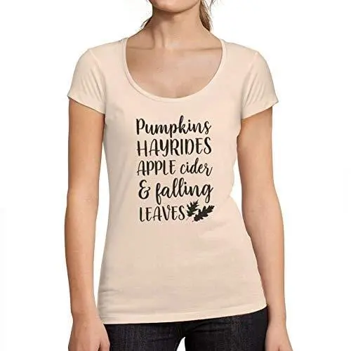 Ultrabasic - Tee-Shirt Femme Col Rond Décolleté Pumpkins Hayrides Apple Cider And Falling Leaves Rose Crémeux 1