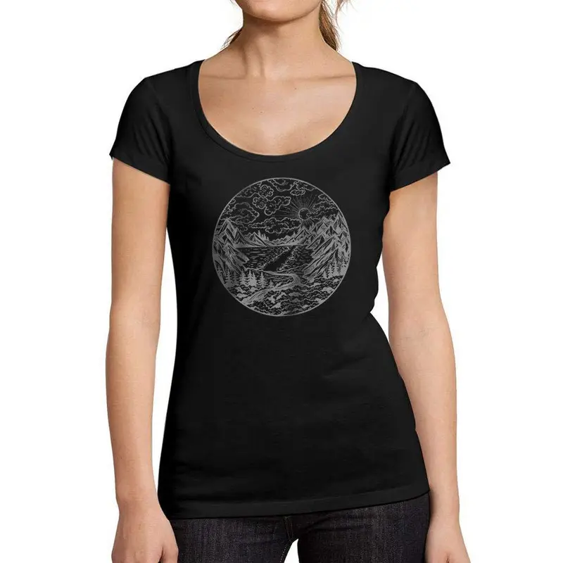 Ultrabasic - Tee-Shirt Femme Col Rond Décolleté Rivière Montagne Et Forêt Noir Profond 1