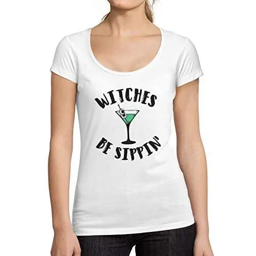Ultrabasic - Tee-Shirt Femme Col Rond Décolleté Witches Be Sippin Halloween Lettre T-Shirt Imprimé Blanco 1
