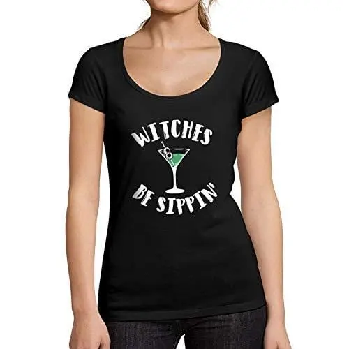 Ultrabasic - Tee-Shirt Femme Col Rond Décolleté Witches Be Sippin Halloween Lettre T-Shirt Imprimé Noir Profond 1