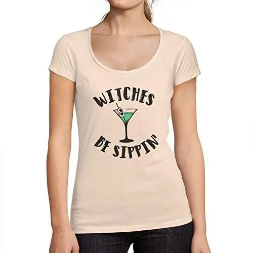 Ultrabasic - Tee-Shirt Femme Col Rond Décolleté Witches Be Sippin Halloween Lettre T-Shirt Imprimé Rose Crémeux 1
