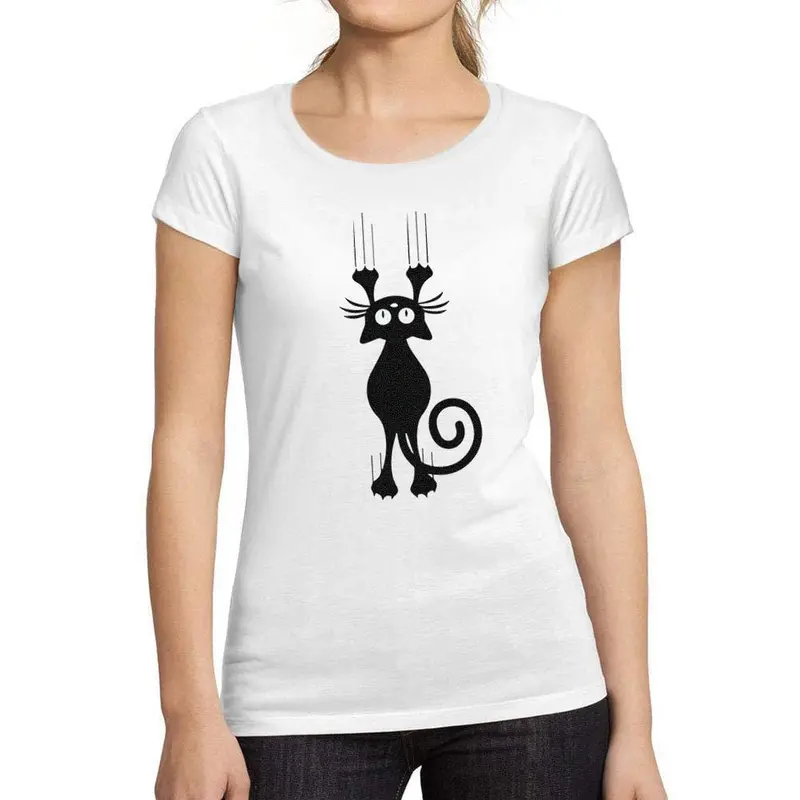 Ultrabasic - Tee-Shirt Femme Manches Courtes Cartoon Cat Blanc 1