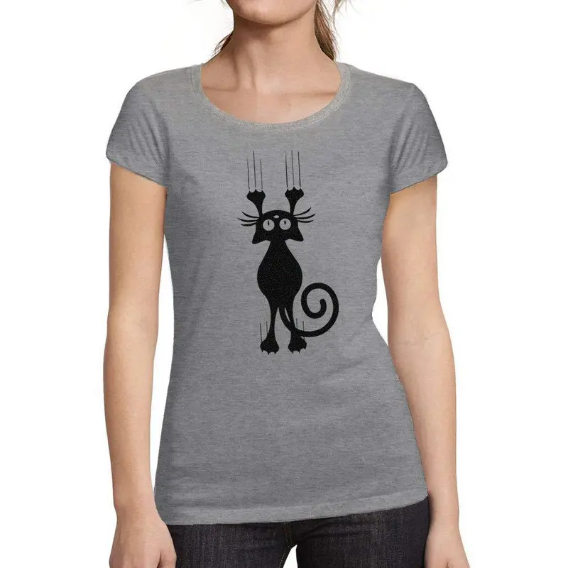 Ultrabasic - Tee-Shirt Femme Manches Courtes Cartoon Cat Gris Chiné 1