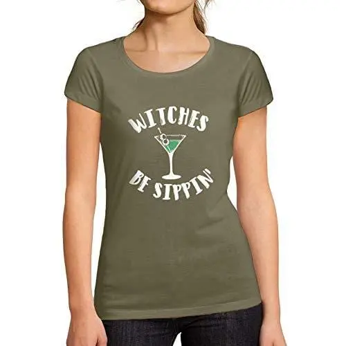 Ultrabasic - Tee-Shirt Femme Manches Courtes Witches Be Sippin Halloween Lettre T-Shirt Imprimé Kaki 1