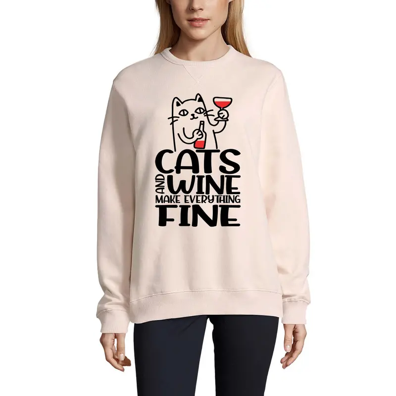Ultrabasic Women's Funny Sweatshirt Cats And Wine Make Everything Fine - Cute Kitty Sweater For Ladies 1